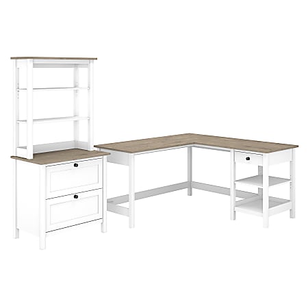 Bush Business Furniture Mayfield 60"W L-Shaped Corner Desk With Lateral File Cabinet And Hutch, Pure White/Shiplap Gray, Standard Delivery