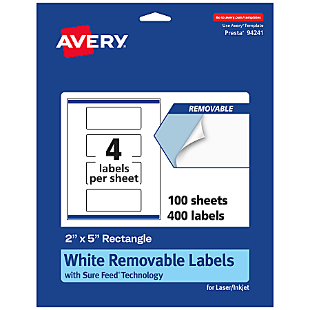 Avery® Removable Labels With Sure Feed®, 94241-RMP100, Rectangle, 2" x 5", White, Pack Of 400 Labels