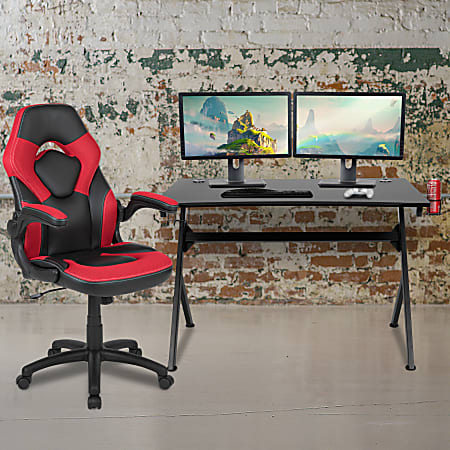 Gaming Desk and Racing Chair Set with Cup Holder, Headphone Hook and Removable Mouse Pad Top - 2 Wire Management Holes main image 0