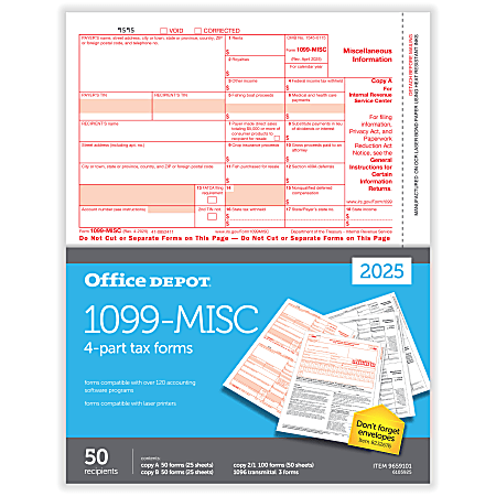 Office Depot® 1099-MISC Laser Tax Forms, 4-Part, 2-Up, 8-1/2" x 11", Pack Of 50 Form Sets