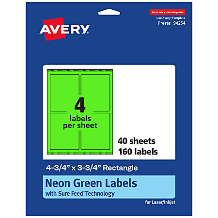 Avery® Print-To-The-Edge Labels With Sure Feed® Technology And Easy Peel®, 94254-NGP40, Rectangle, 4-3/4" x 3-3/4", Matte Neon Green, Pack of 160