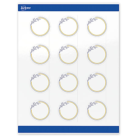 Avery® Print-To-The-Edge Labels & Sure Feed®, S00-D2Z-PRWGP10, 2" Round, Glossy White, Preprinted Gold & Navy Border & Floral Design, Pack Of 120