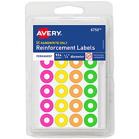 Avery® Reinforcement Labels, Permanent Adhesive, 6754, 1/4" Diameter, Assorted Neon, Pack Of 924