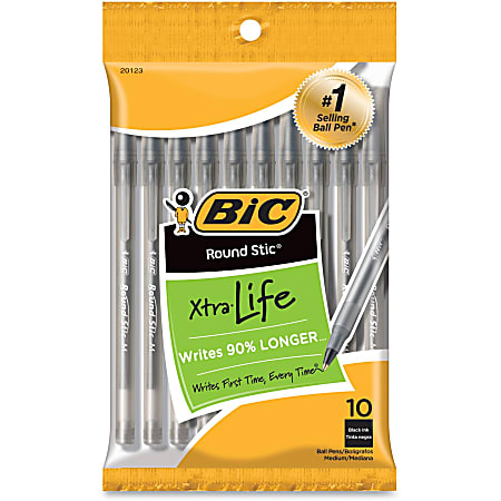 BIC Round Stic Xtra Life Ballpoint Pens, Medium Point, 1.0 mm, Translucent Black Barrels, Black Ink, Pack Of 10 Pens
