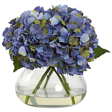 Nearly Natural Blooming Hydrangea 9”H Large Plastic Floral Arrangement With Vase, 9”H x 10”W x 8”D, Blue