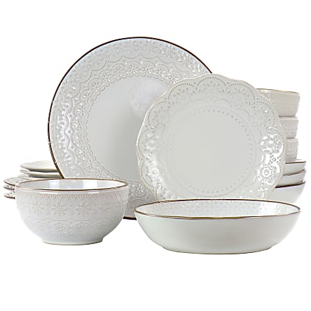 Elama Countess 16-Piece Embossed Double Bowl Stoneware Dinnerware Set, Ivory