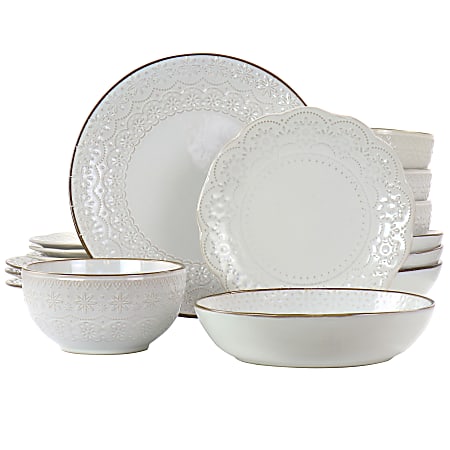 Elama Countess 16 Piece Embossed Double Bowl Stoneware Dinnerware