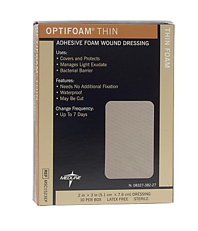 Medline Optifoam Thin Adhesive Dressings, 2" x 3", Tan, Pack Of 10