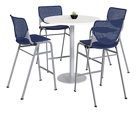 KFI Studios KOOL Round Pedestal Table With 4 Stacking Chairs, 41"H x 36"D, Designer White/Navy