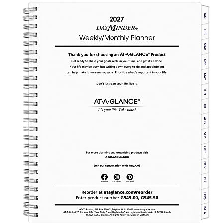 AT-A-GLANCE® DayMinder® Executive 2027 Weekly Monthly Refill for G545, Medium, 7" x 8 3/4"