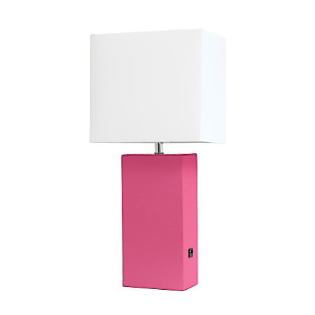 Elegant Designs Modern Leather/Fabric Desk Lamp With USB Port, 21"H, White Shade/Hot Pink Base