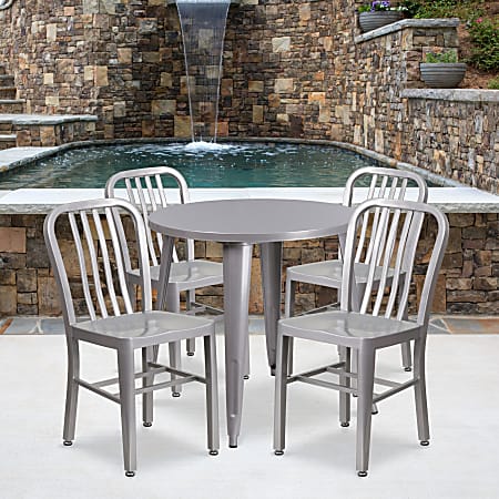 Flash Furniture Commercial Grade Round Metal Indoor-Outdoor Table And Slat Back Chair Set, 29-1/2”H x 30”W x 30”D, Silver, 5-Piece Set