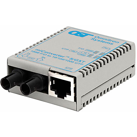 Omnitron miConverter/S 10/100/1000 Gigabit Ethernet Fiber Media Converter RJ45 ST Single-Mode 12km - 1 x 10/100/1000BASE-T; 1 x 1000BASE-LX; USB/US AC Powered; Lifetime Warranty