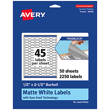 Avery® TrueBlock® Labels With Sure Feed®, 94749-TWMP50, Barbell, 1/2" x 2-1/2", Matte White, Pack Of 2250
