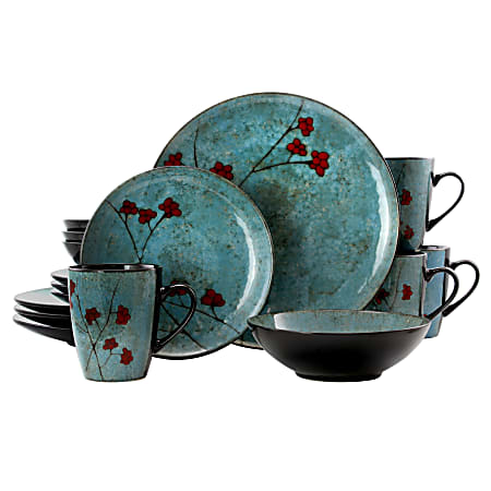 Elama 16-Piece Stoneware Dinnerware Set, Blue/Red