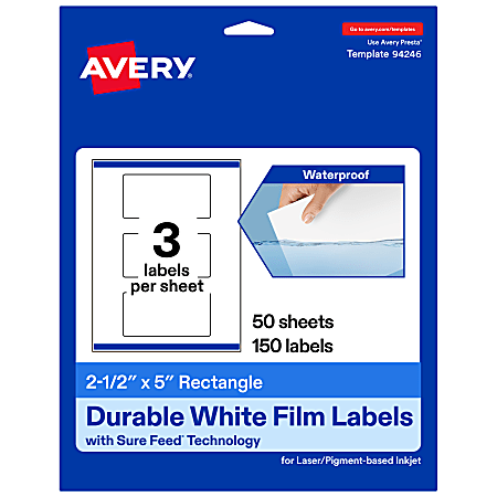 Avery® Waterproof Permanent Labels With Sure Feed®, 94246-WMF50, Rectangle, 2-1/2" x 5", White, Pack Of 150
