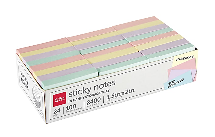 Office Depot® Brand Sticky Notes, With Storage Tray, 1-1/2" x 2", Assorted Pastel Colors, 100 Sheets Per Pad, Pack Of 24 Pads