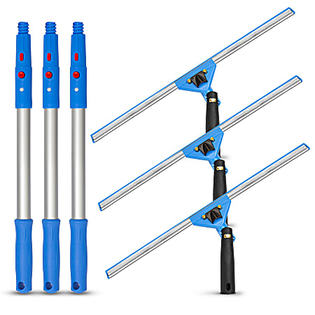 Gritt Commercial Swivel Window Squeegee And Pole Window Washing Kit, 18" Squeegee/20" Pole, Multicolor, Pack Of 3 Kits