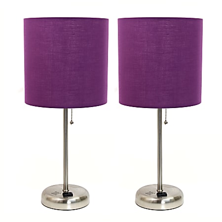 LimeLights Stick Desktop Lamps With Charging Outlets, 19-1/2", Purple Shade/Brushed Nickel Base, Set Of 2 Lamps