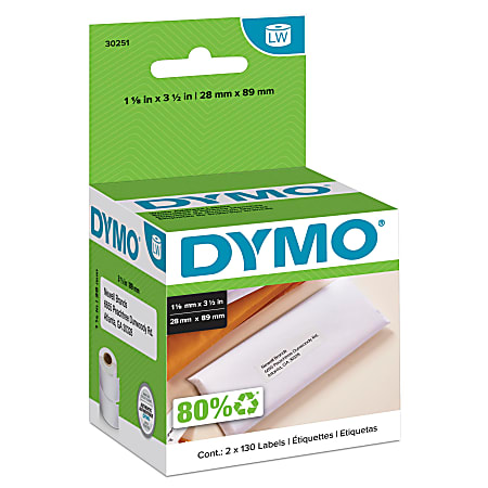 DYMO® 30251 LabelWriter® Address Labels, 30251, 1 1/8" x 3 1/2", White, 130 Labels Per Roll, Pack Of 2 Rolls