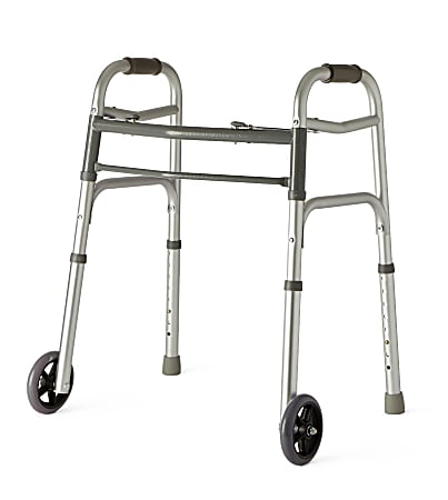 Medline Junior Adjustable Aluminum/Steel 2-Button Folding Walker, 25" - 32"H, With 5" Wheels