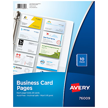 Avery® Business Card Organizer 3-Ring Binder Pages, 8-1/2” x 11”, Clear, Pack Of 10 Pages