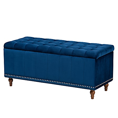 Baxton Studio Modern And Contemporary Velvet Button-Tufted Storage Ottoman Bench, 18-3/4"H x 41-3/4"W x 16-3/4"D, Navy Blue/Brown