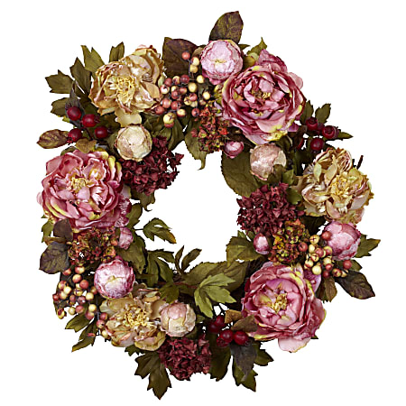 Nearly Natural Polyester Peony Hydrangea Wreath, 24", Autumn