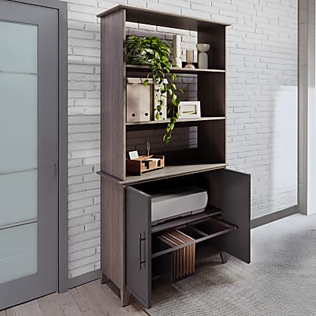 Realspace® Koru 72"H 3-Shelf Bookcase With Printer Shelf & File Storage, Two-Tone Slate/Gray Oak, BIFMA Compliant
