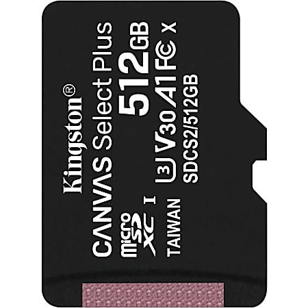 Kingston Canvas Select Plus SDCS2 512 GB Class 10/UHS-I (U3) microSDXC - 1 Pack - 100 MB/s Read - 85 MB/s Write - Lifetime Warranty