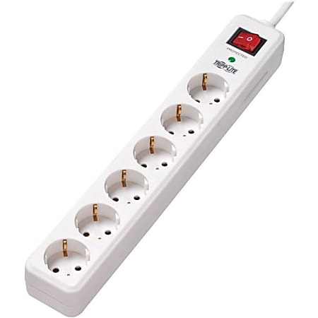 Tripp Lite 6-Outlet Surge Protector - German Type F Schuko Outlets, 220-250V AC, 16A, 1.8 m Cord, Schuko Plug, White - Surge protector - 16 A - AC 230 V - output connectors: 6 - 6 ft cord - white - for P/N: CLAMPUSBLK, CLAMPUSW