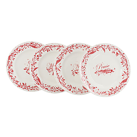 Martha Stewart Holiday Vines 4-Piece Fine Ceramic Dessert Plate Set, 9”, Red/White