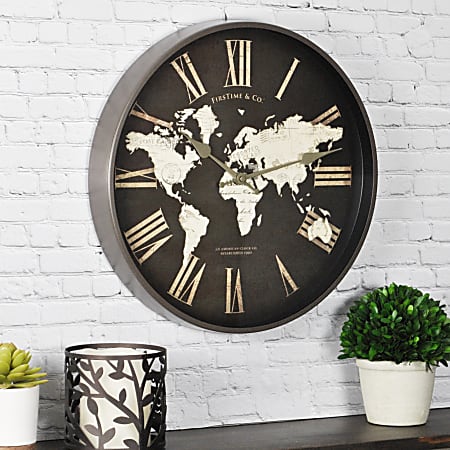 FirsTime® World Map Round Wall Clock, 12", Metallic Black