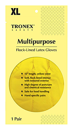 Tronex Flock-Lined Rubber Latex Multipurpose Gloves, X-Large, Yellow, One Pair