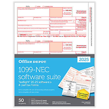 Office Depot® 1099-NEC Laser Tax Forms With Software, 4-Part, 3-Up, 8-1/2" x 11", Pack Of 50 Form Sets, NEC7205925