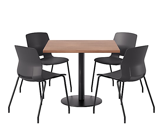 KFI Studios Proof Cafe Pedestal Table With Imme Chairs, Square, 29”H x 42”W x 42”W, River Cherry Top/Black Base/Black Chairs