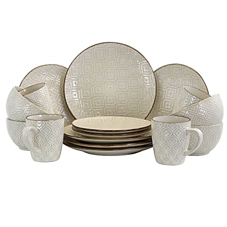 Elama 16-Piece Stoneware Dinnerware Set, White Lily