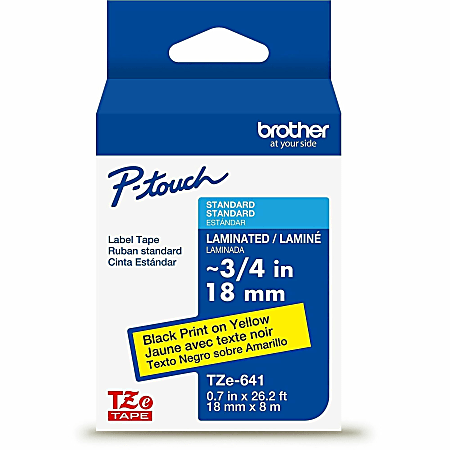 Brother P-Touch TzeS641, Strong Adhesive Laminated,~3/4in x 26.2ft (18mm x 8m), Black on Yellow Label Tape