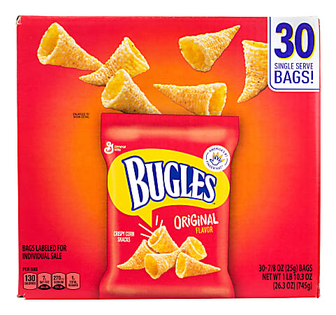 Bugles Original Crispy Corn Snacks, 0.8 Oz, Box Of 30 Bags