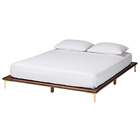 Baxton Studio Channary Mid-Century Modern Transitional Bed Frame, King, 7-1/2”H x 82-5/16”W x 86-5/8”D, Walnut Brown/Gold
