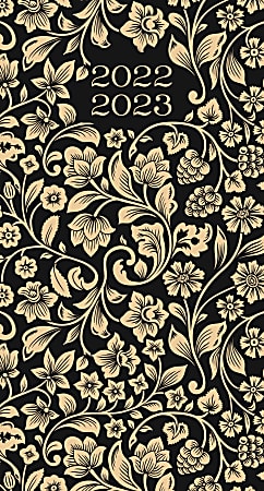 Willow Creek Press 2-Year Monthly Checkbook/Calendar, 3-1/2" x 6-1/2", Black Floral, January 2022 To December 2023