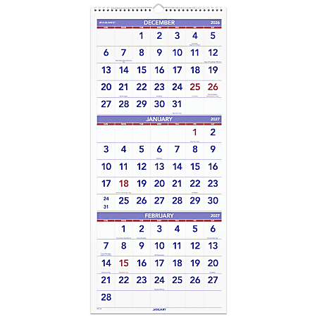 AT-A-GLANCE® 2027 Three Month Reference Vertical Wall Calendar, Large, 12" x 27"