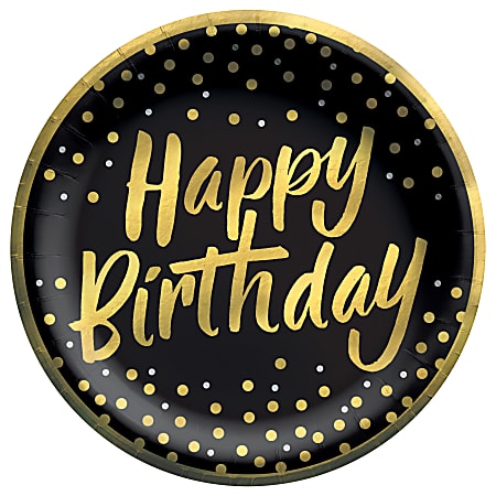 Amscan Confetti Wishes Lunch Paper Plates, 8-1/2", Black/Gold, Pack Of 8 Plates