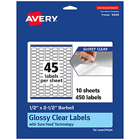 Avery® Glossy Permanent Labels With Sure Feed®, 94749-CGF10, Barbell, 1/2" x 2-1/2", Clear, Pack Of 450
