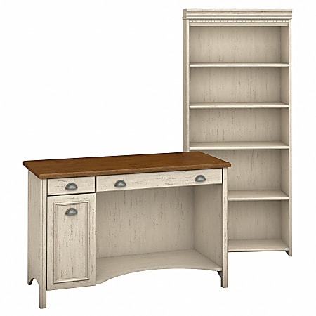 Bush Furniture Fairview Computer Desk And 5 Shelf Bookcase, Antique White/Tea Maple, Standard Delivery