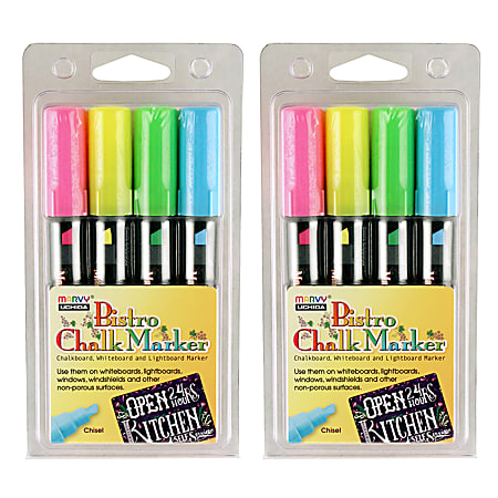 Marvy Uchida Bistro Chalk Markers, 8 Markers Total, Chisel Tip, Fluorescent Colors, 4 Markers Per Pack, Set Of 2 Packs