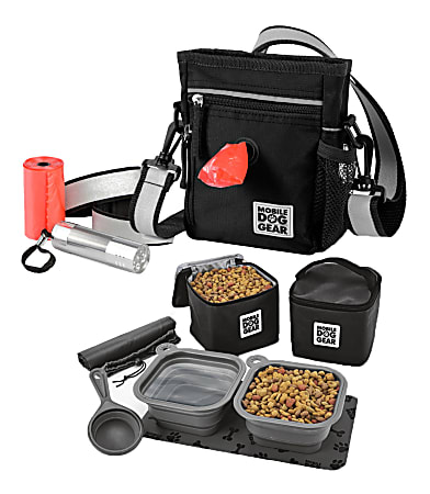 Overland Mobile Dog Gear Day/Night Walking Bag And Dine Away® Set Bundle For Medium/Large Dogs, Black