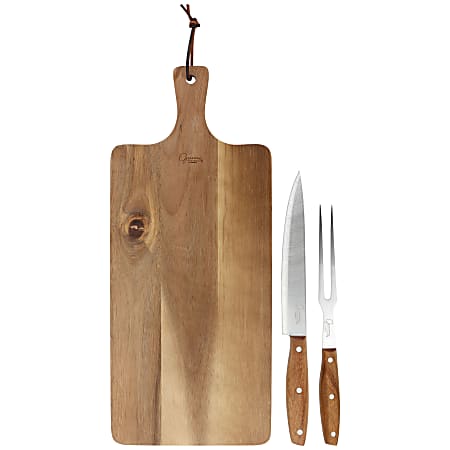 Gibson Elite 3-Piece Acacia Wood Serving Board Set With Carving Knife And Fork, Brown