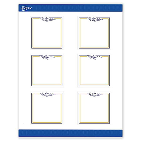 Avery® Print-To-The-Edge Labels & Sure Feed®, S00-DNJ-PRWMP10, 3" x 3", Matte White, Preprinted Gold & Navy Border & Floral Design, Pack Of 60