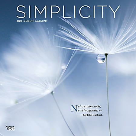 2025 BrownTrout Inspirational Monthly Plastic-Free Square Wall Calendar, 12" x 12", Simplicity, January 2025 To December 2025